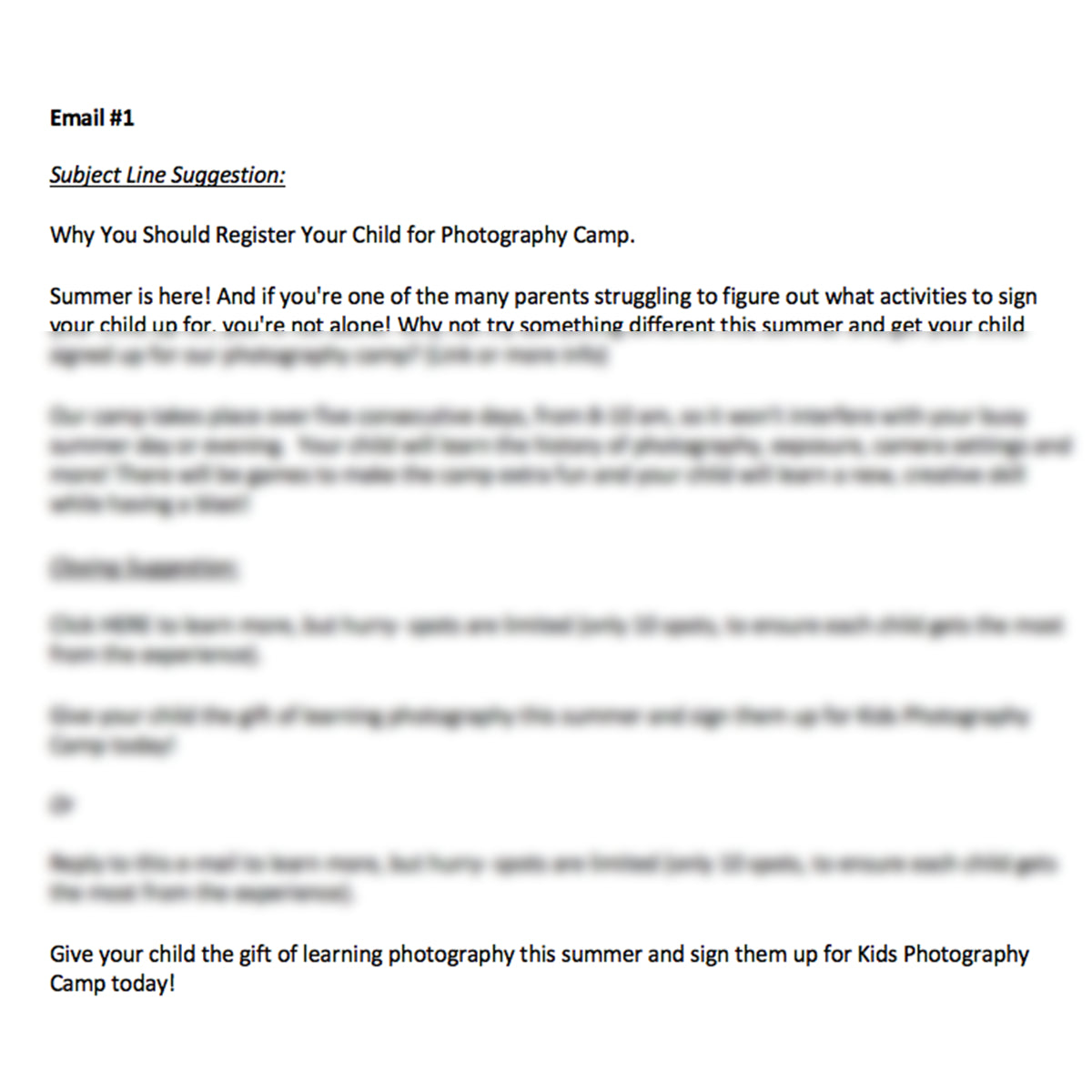 Kids Photography Camp Pre-Written E-mails and Blog Posts