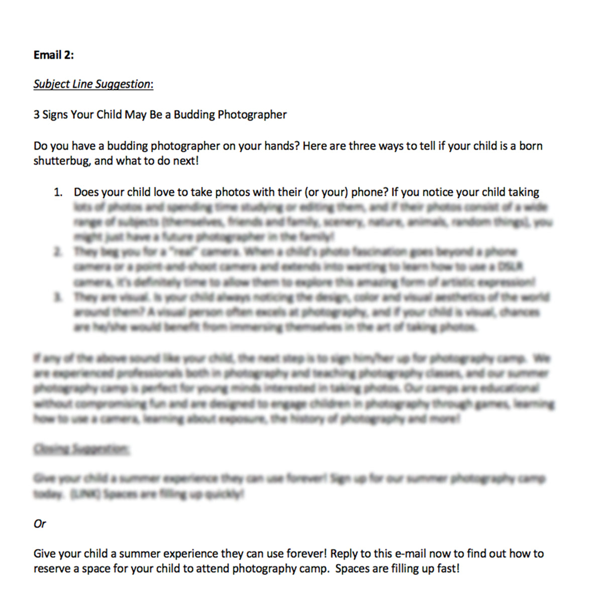 Kids Photography Camp Emails and Blog Posts