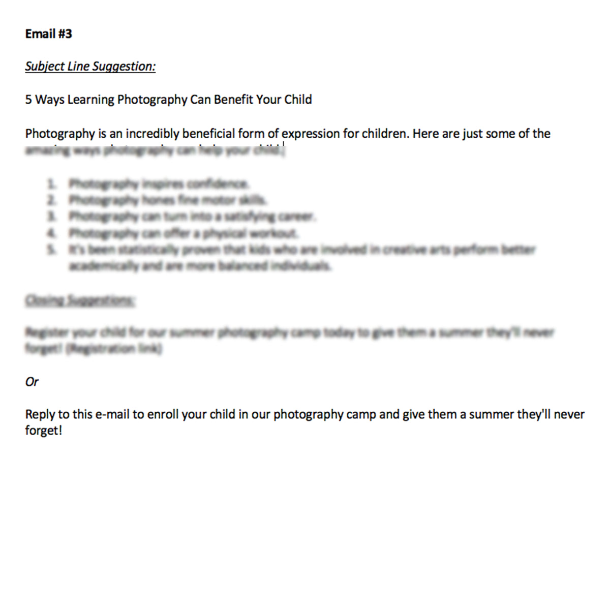 Kids Photography Camp Emails and Blog Posts