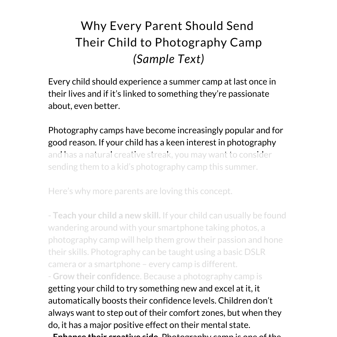 Kids Photography Camp Emails and Blog Posts